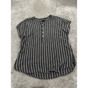 Quince Striped Button-Front Short Sleeve Blouse in Gray, Black/White Size Large